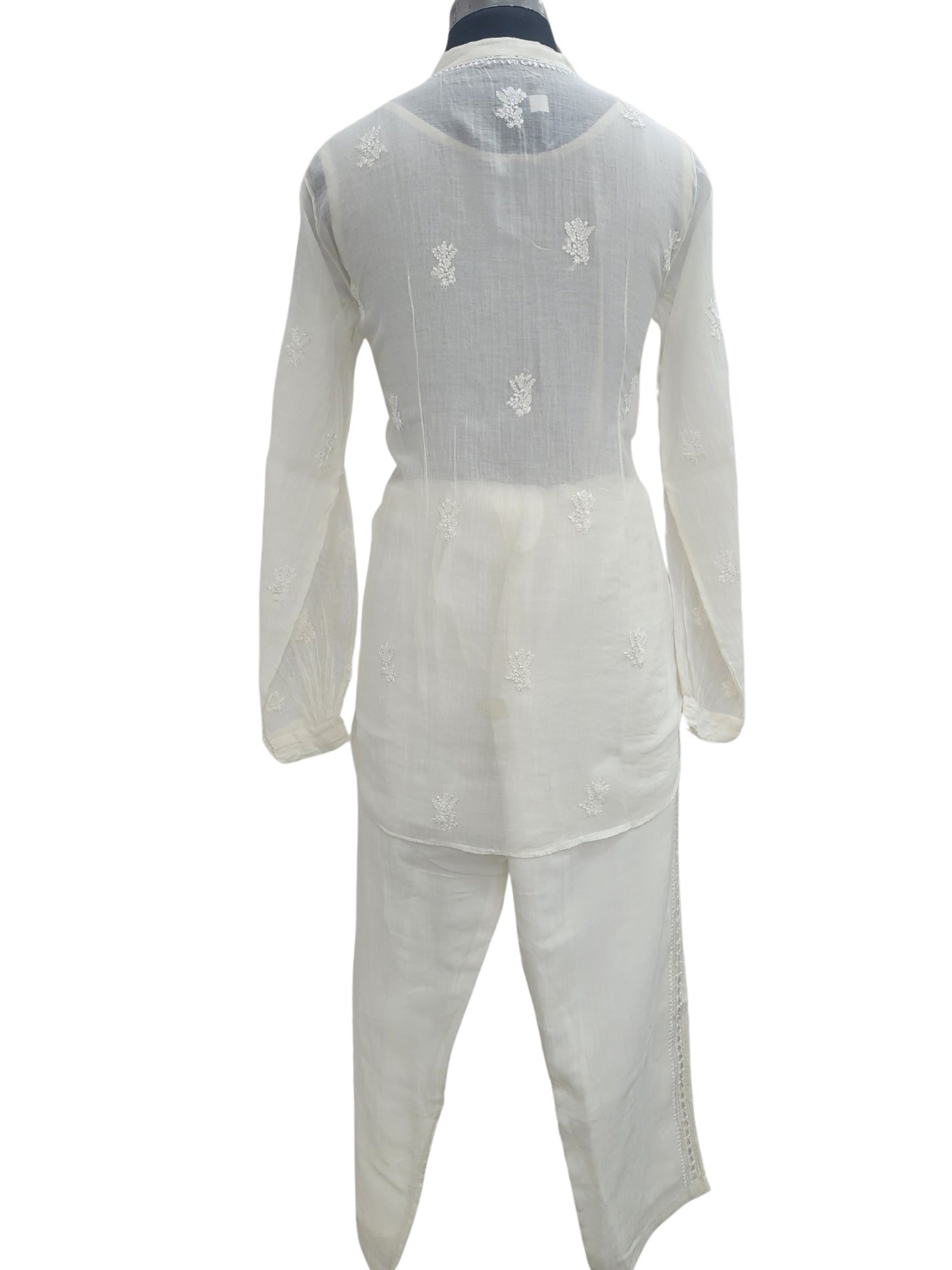 Shyamal Chikan Hand Embroidered White Mul Chanderi Lucknowi Chikankari Shirt and Pant Set - S24899