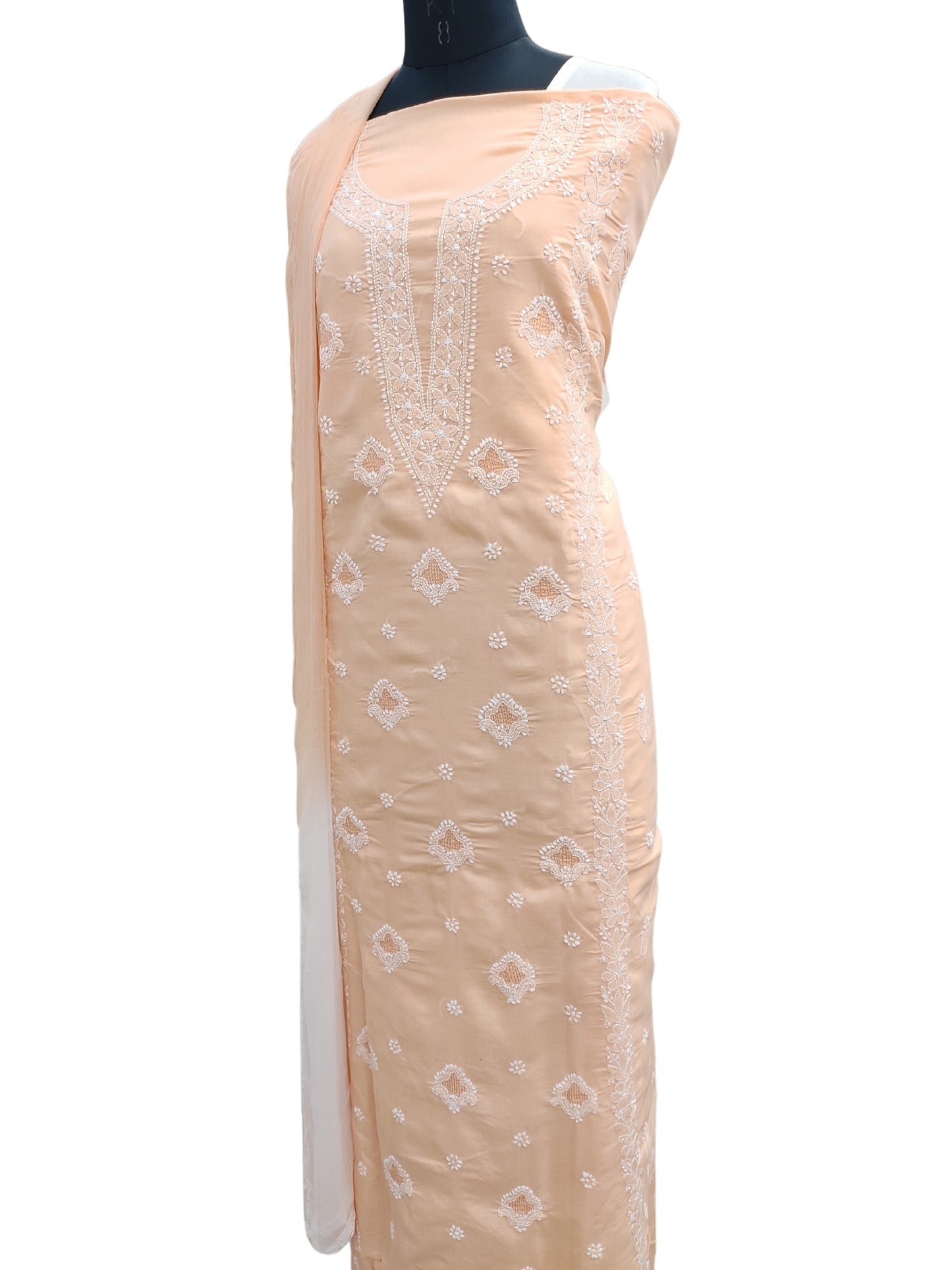 Shyamal Chikan Hand Embroidered Peach Cotton Lucknowi Chikankari Unstitched Suit Piece With Jaali Work - S25040