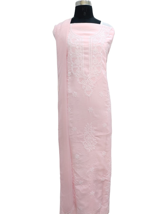 Shyamal Chikan Hand Embroidered Pink Cotton Lucknowi Chikankari Unstitched Suit Piece - S22245