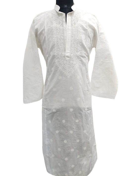 Shyamal Chikan Hand Embroidered White Cotton Lucknowi Chikankari Men's Kurta with Daraz Work – 23249