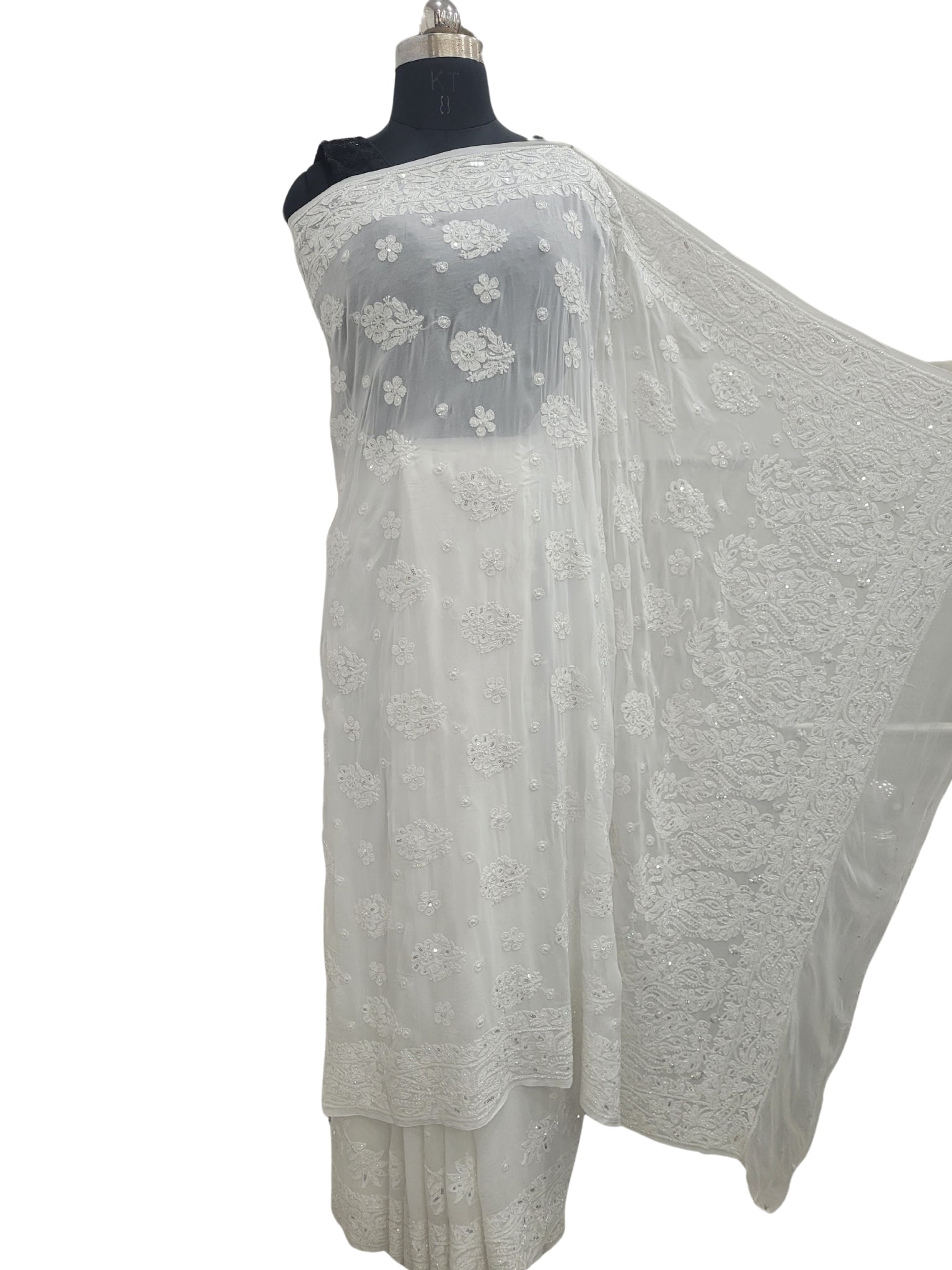 Shyamal Chikan Hand Embroidered White HQ Viscose Georgette Lucknowi Chikankari Saree With Blouse Piece With Pearl Cutdana and Sequin Work- S25218