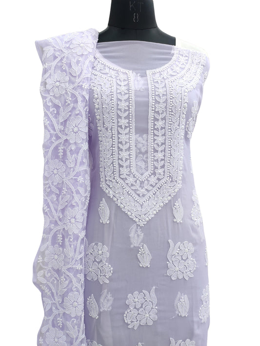 Shyamal Chikan Hand Embroidered Purple Georgette Lucknowi Chikankari Unstitched Suit Piece With Heavy Dupatta - S24363