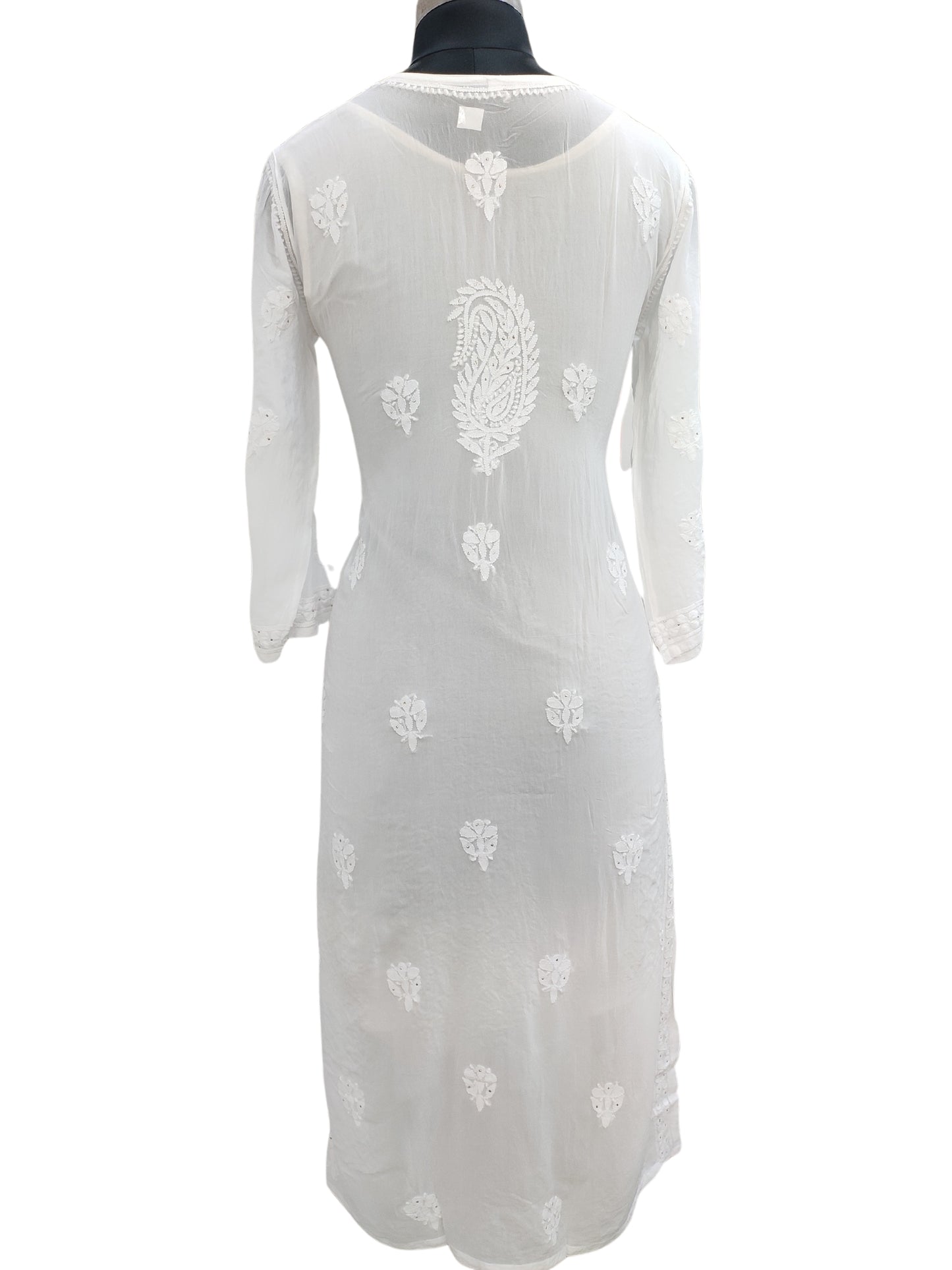 Shyamal Chikan Hand Embroidered White Viscose Georgette Lucknowi Chikankari Kurti With Mukaish Work - S24216