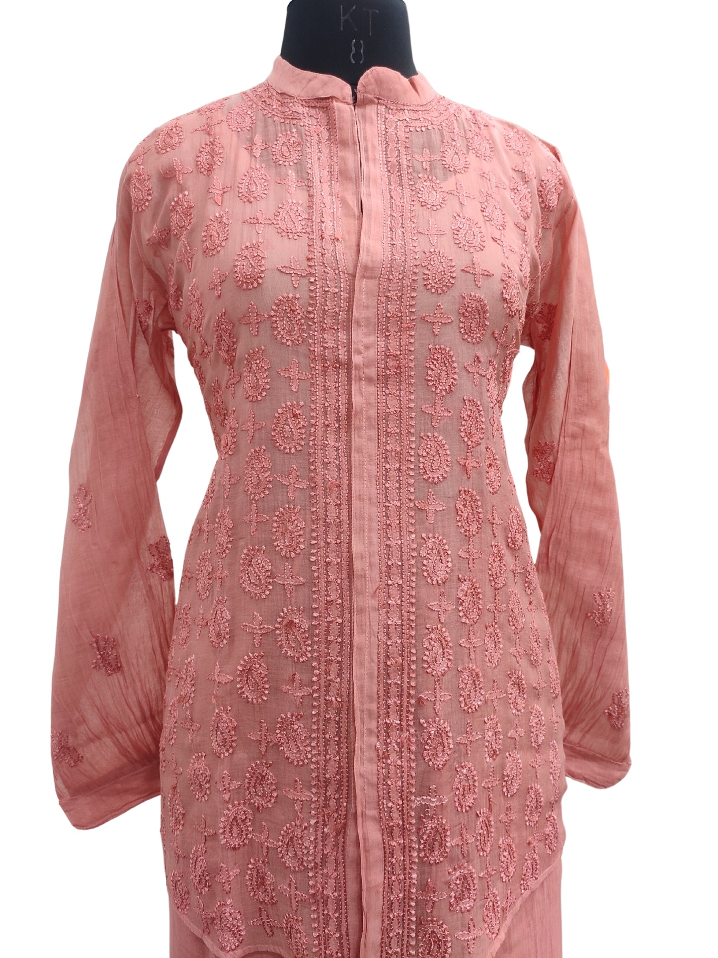 Shyamal Chikan Hand Embroidered Orange Mul Chanderi Lucknowi Chikankari Shirt and Pant Set - S24709