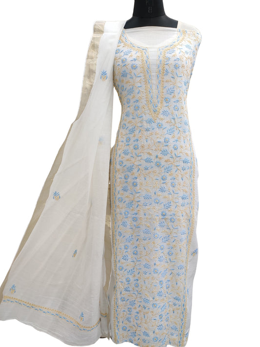 Shyamal Chikan Hand Embroidered White Mangalgiri Cotton Lucknowi Chikankari Unstitched Suit Piece ( Kurta Dupatta Set ) - S21878