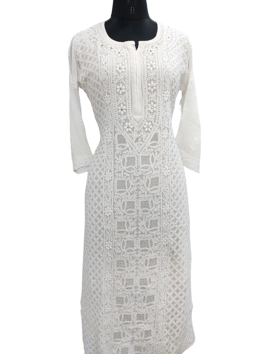 Shyamal Chikan Hand Embroidered White Viscose Georgette Lucknowi Chikankari Kurti With Mukaish Work - S24215