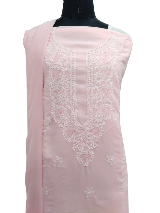Shyamal Chikan Hand Embroidered Pink Cotton Lucknowi Chikankari Unstitched Suit Piece  - S22245