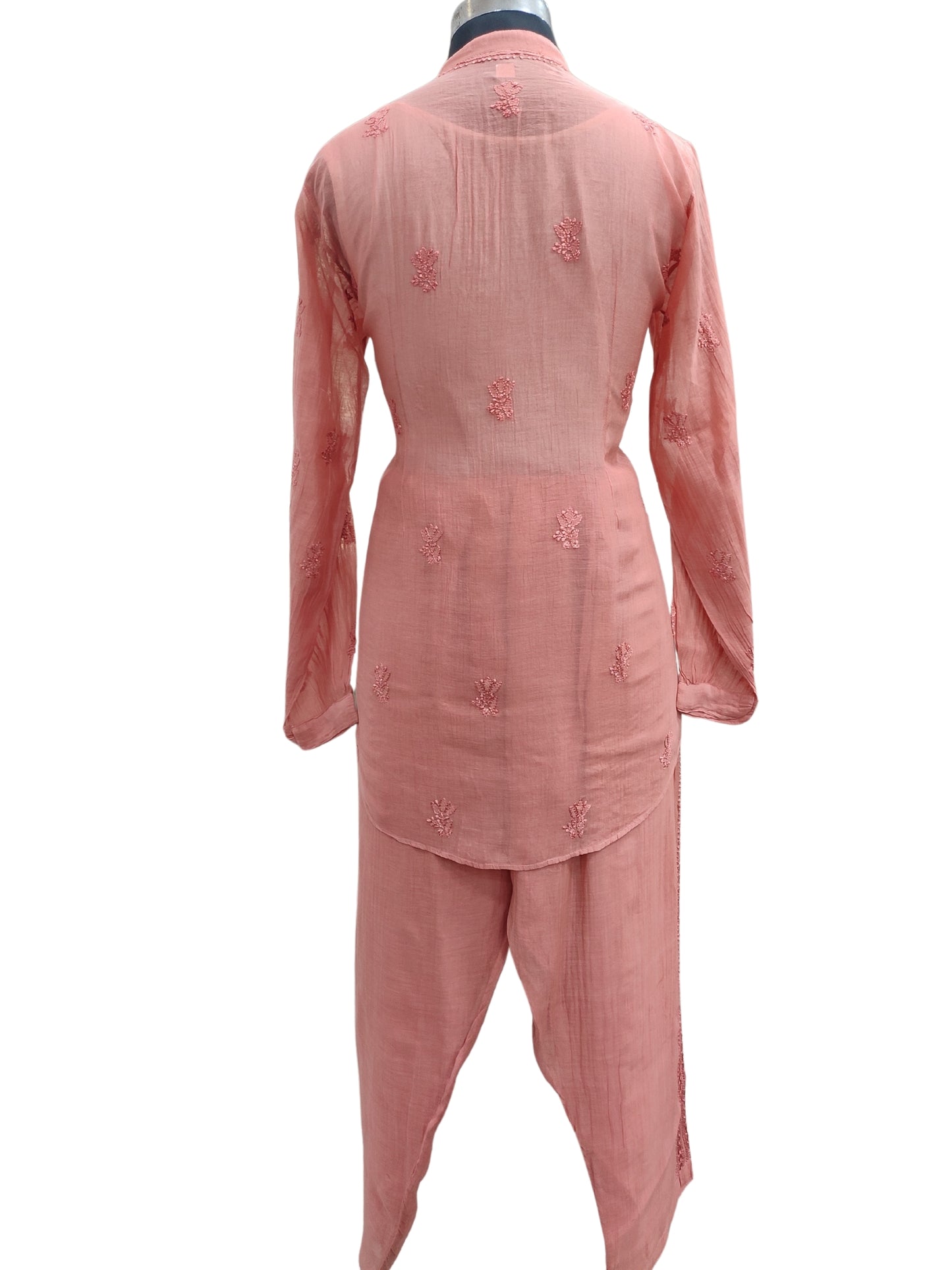 Shyamal Chikan Hand Embroidered Orange Mul Chanderi Lucknowi Chikankari Shirt and Pant Set - S24709