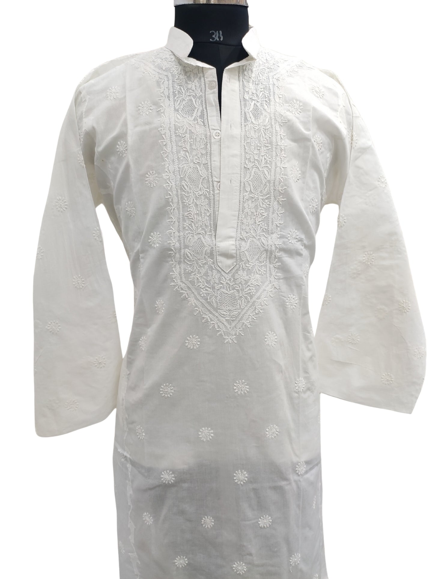 Shyamal Chikan Hand Embroidered White Cotton Lucknowi Chikankari Men's Kurta with Daraz Work – 23249