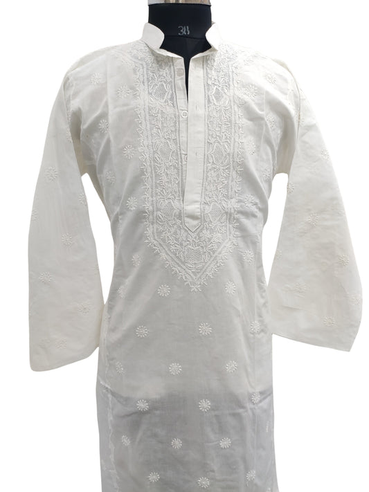 Shyamal Chikan Hand Embroidered White Cotton Lucknowi Chikankari Men's Kurta with Daraz Work - S23249