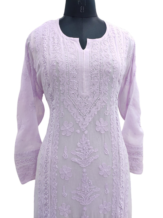 Shyamal Chikan Hand Embroidered Lavender Viscose Georgette Lucknowi Chikankari Kurti With Crosia Work - S23863