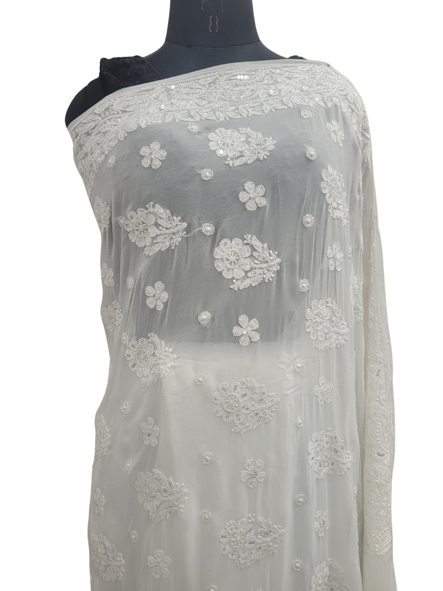 Shyamal Chikan Hand Embroidered White HQ Viscose Georgette Lucknowi Chikankari Saree With Blouse Piece With Pearl Cutdana and Sequin Work- S25218