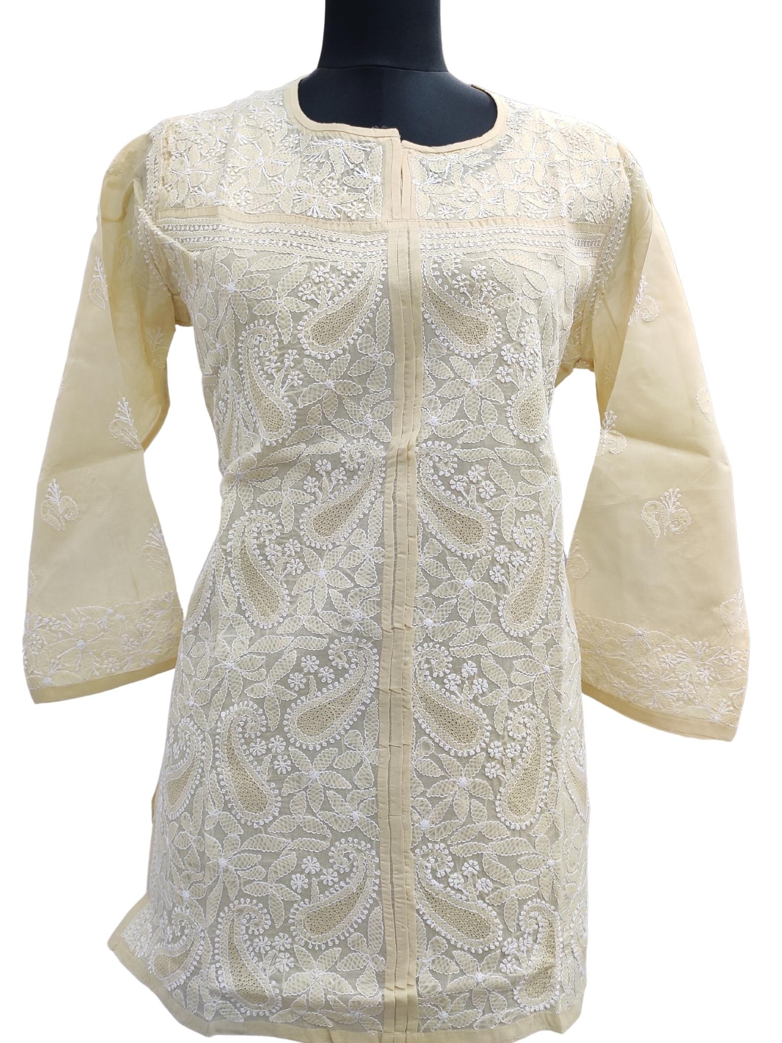 Shyamal Chikan Hand Embroidered Beige Cotton Lucknowi Chikankari Short Top With Jaali Work - S15667