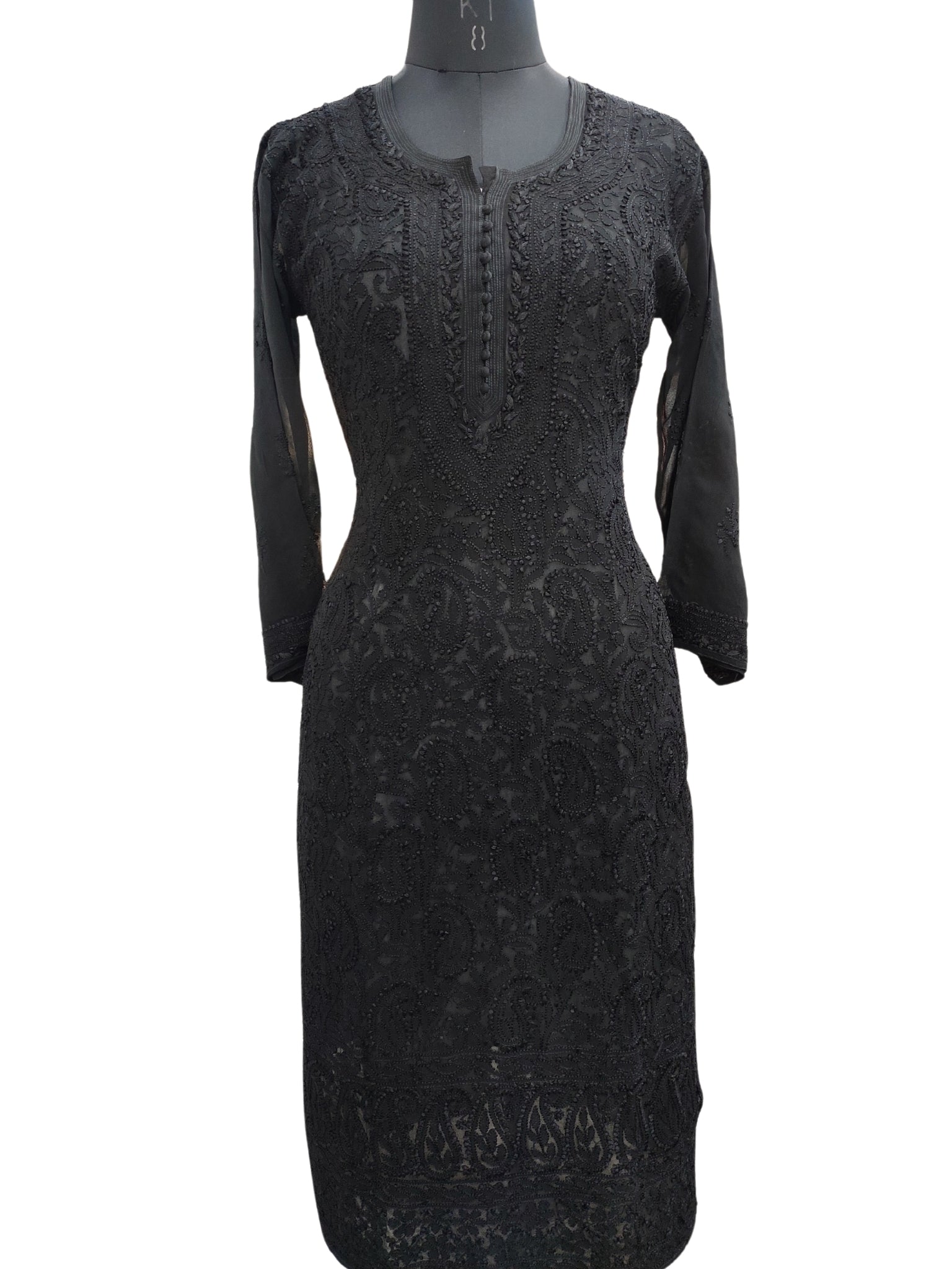 Shyamal Chikan Hand Embroidered Black Viscose Georgette Lucknowi Chikankari Kurti - S22793