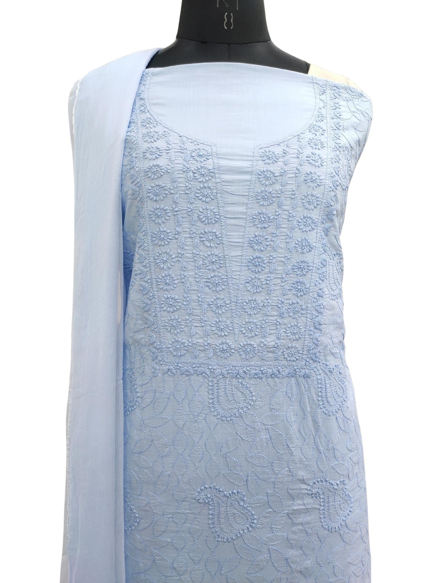 Shyamal Chikan Hand Embroidered Blue Lawn Lucknowi Chikankari Unstitched Suit Piece - S20073