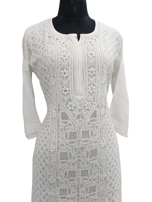 Shyamal Chikan Hand Embroidered White Viscose Georgette Lucknowi Chikankari Kurti With Mukaish Work - S24215