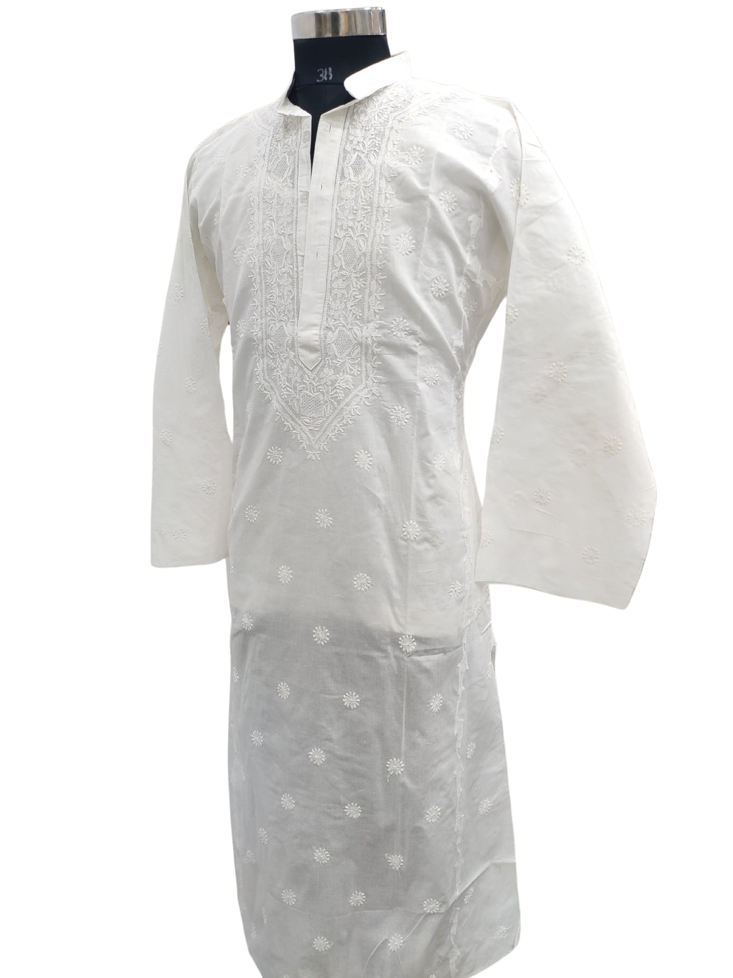 Shyamal Chikan Hand Embroidered White Cotton Lucknowi Chikankari Men's Kurta with Daraz Work – 23249