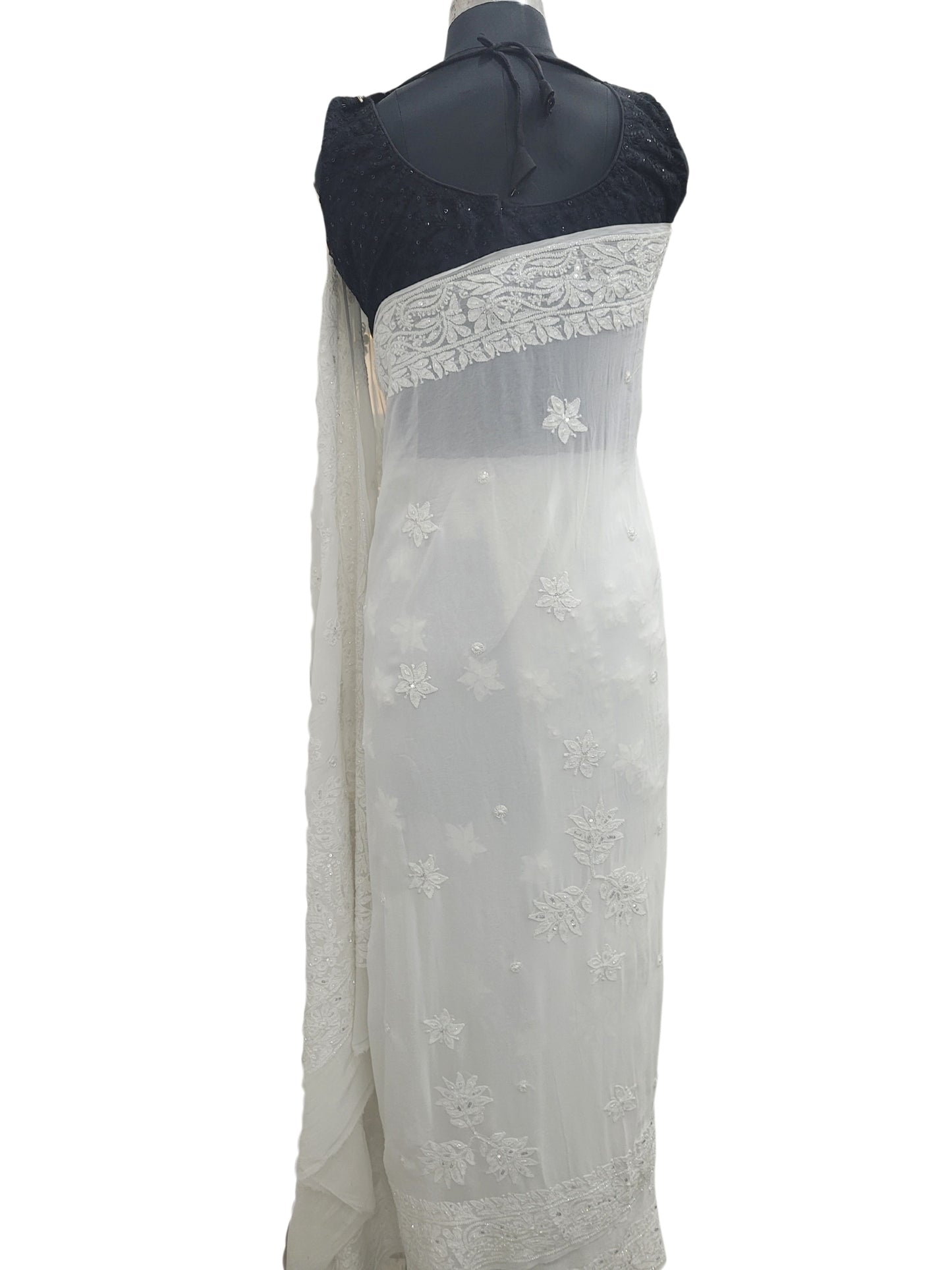 Shyamal Chikan Hand Embroidered White HQ Viscose Georgette Lucknowi Chikankari Saree With Blouse Piece With Pearl Cutdana and Sequin Work- S25218