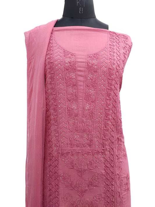 Shyamal Chikan Hand Embroidered Pink Malmal Lucknowi Chikankari Unstitched Suit Piece With Mukaish Work- S20834