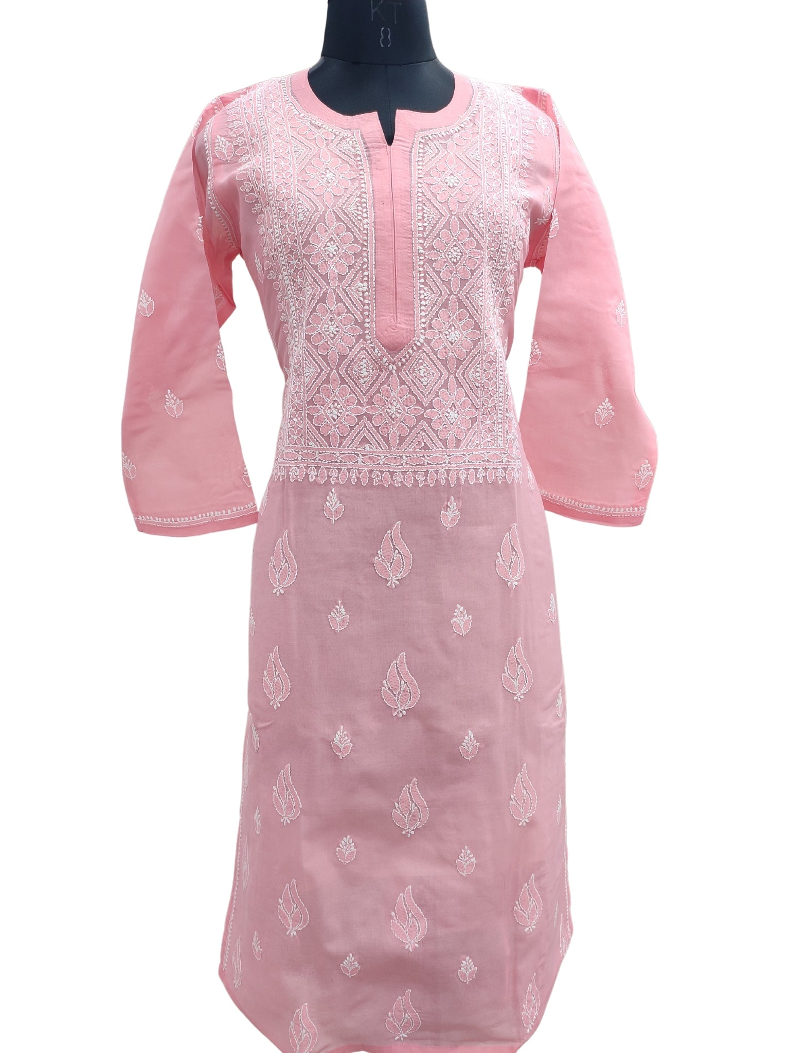 Shyamal Chikan Hand Embroidered Pink Cotton Lucknowi Chikankari Kurti- 24076