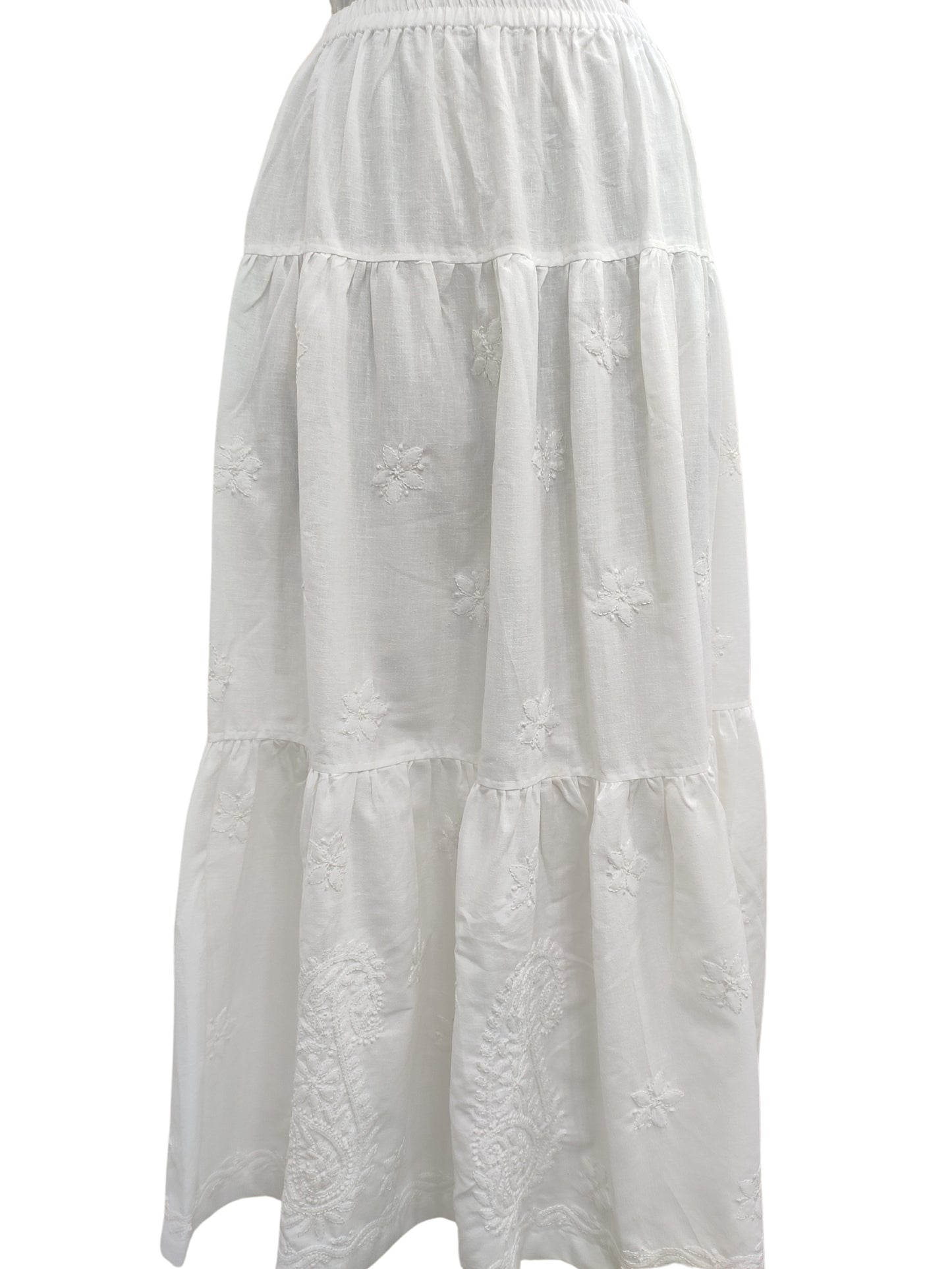 Shyamal Chikan Hand Embroidered White Lenin Cotton Lucknowi Chikankari Women's Skirt– 1159