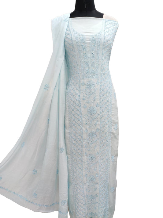 Shyamal Chikan Hand Embroidered Blue Muslin Lucknowi Chikankari Unstitched Suit Piece (Kurta Dupatta Set ) - S20891