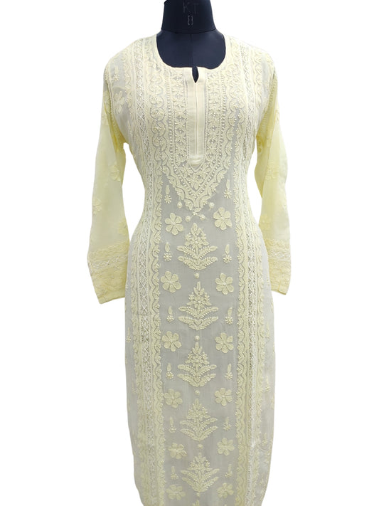 Shyamal Chikan Hand Embroidered Yellow Viscose Georgette Lucknowi Chikankari Kurti With Crosia Work  - 23853