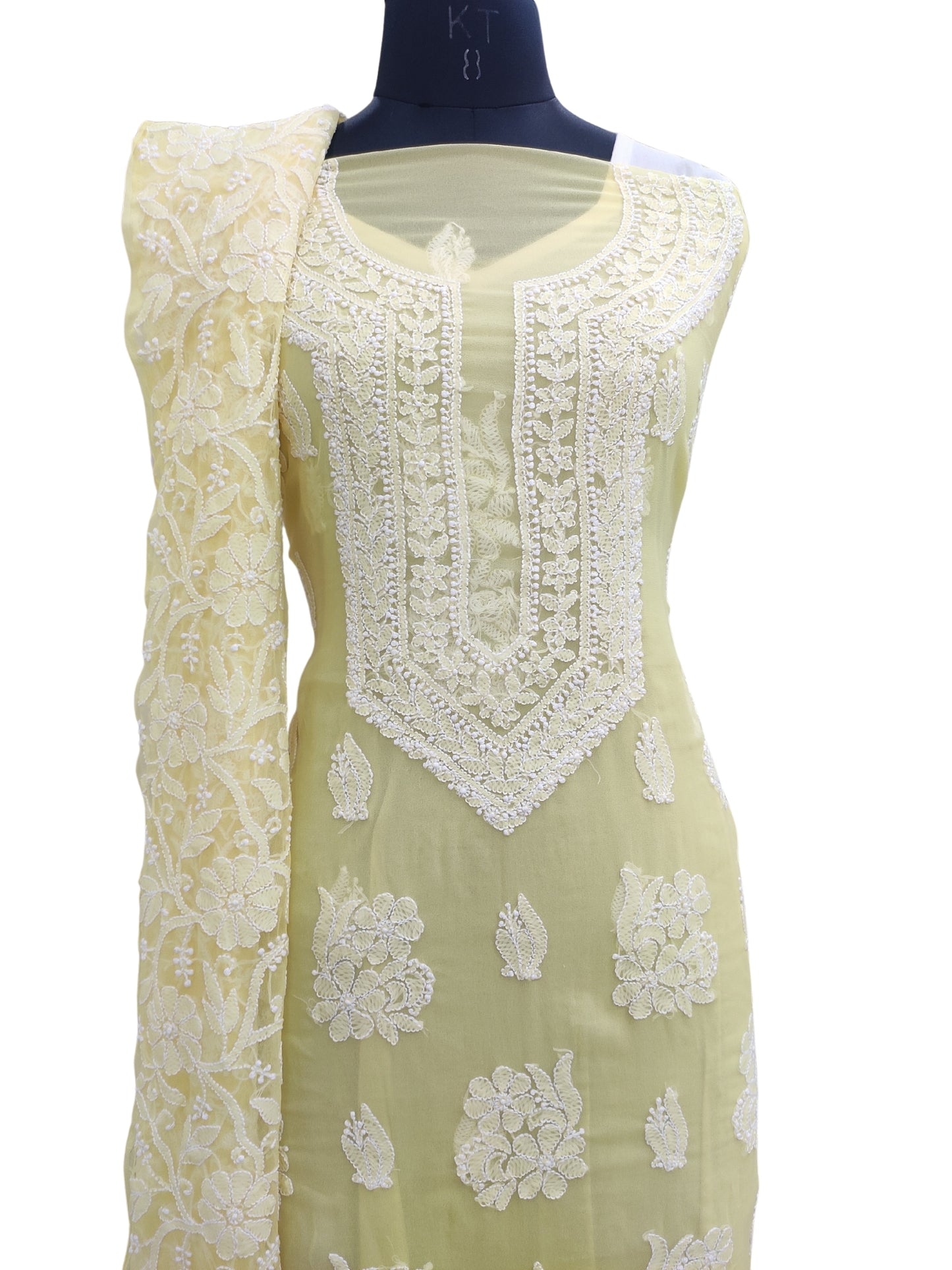 Shyamal Chikan Hand Embroidered Yellow Georgette Lucknowi Chikankari Unstitched Suit Piece With Heavy Dupatta - S24579