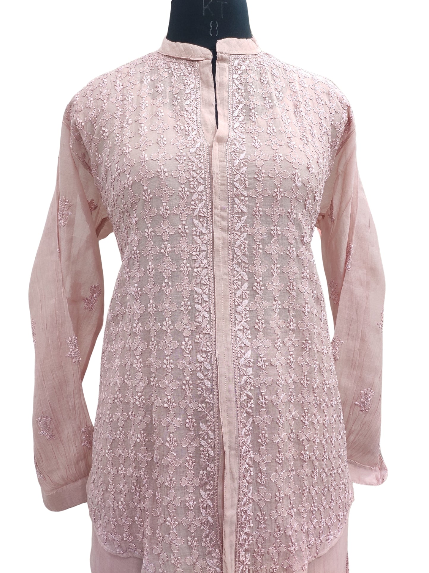 Shyamal Chikan Hand Embroidered Peach Mul Chanderi Lucknowi Chikankari Shirt and Pant Set - S24253