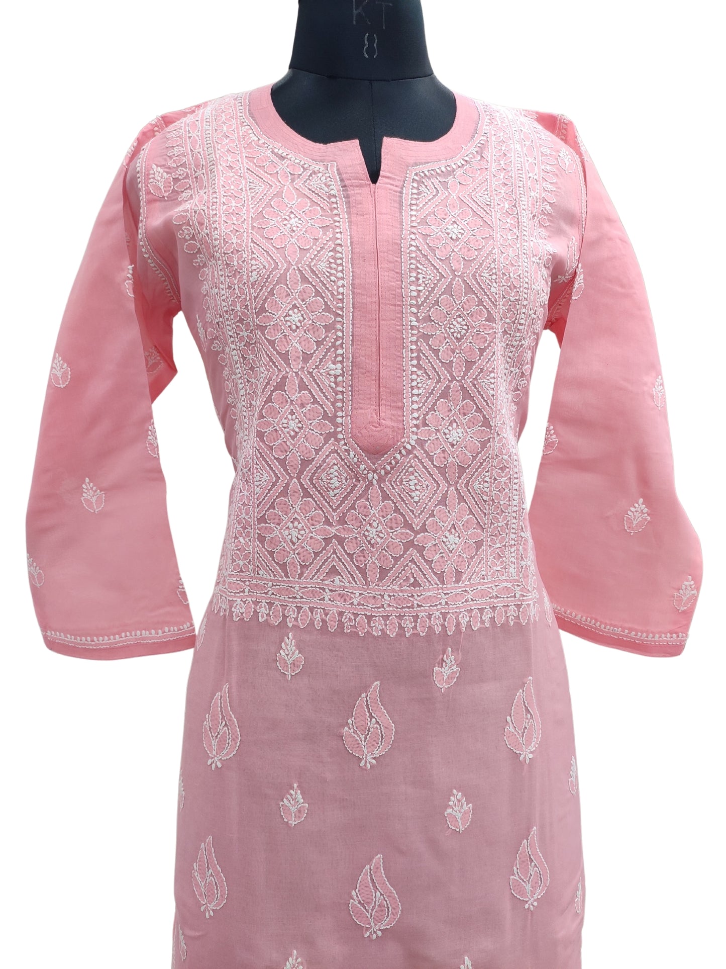 Shyamal Chikan Hand Embroidered Pink Cotton Lucknowi Chikankari Kurti- 24076