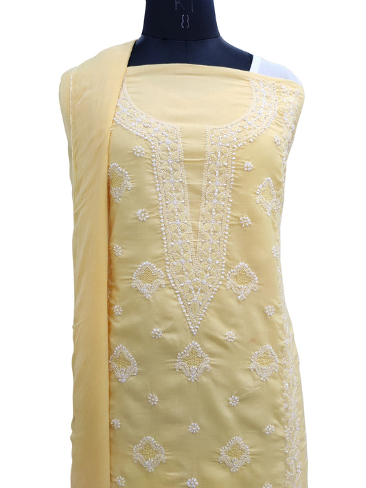 Shyamal Chikan Hand Embroidered Yellow Cotton Lucknowi Chikankari Unstitched Suit Piece With Jaali Work - S22249