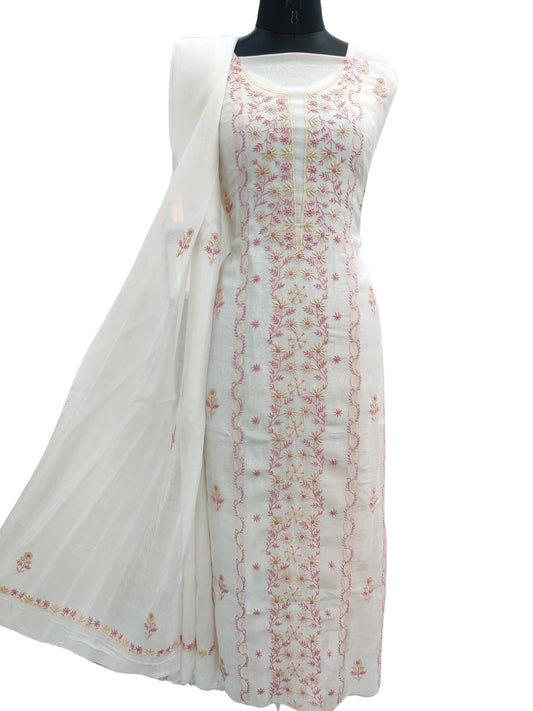 Shyamal Chikan Hand Embroidered White Mul Chanderi Lucknowi Chikankari Unstitched Suit Piece (Kurta Dupatta Set) - S21877