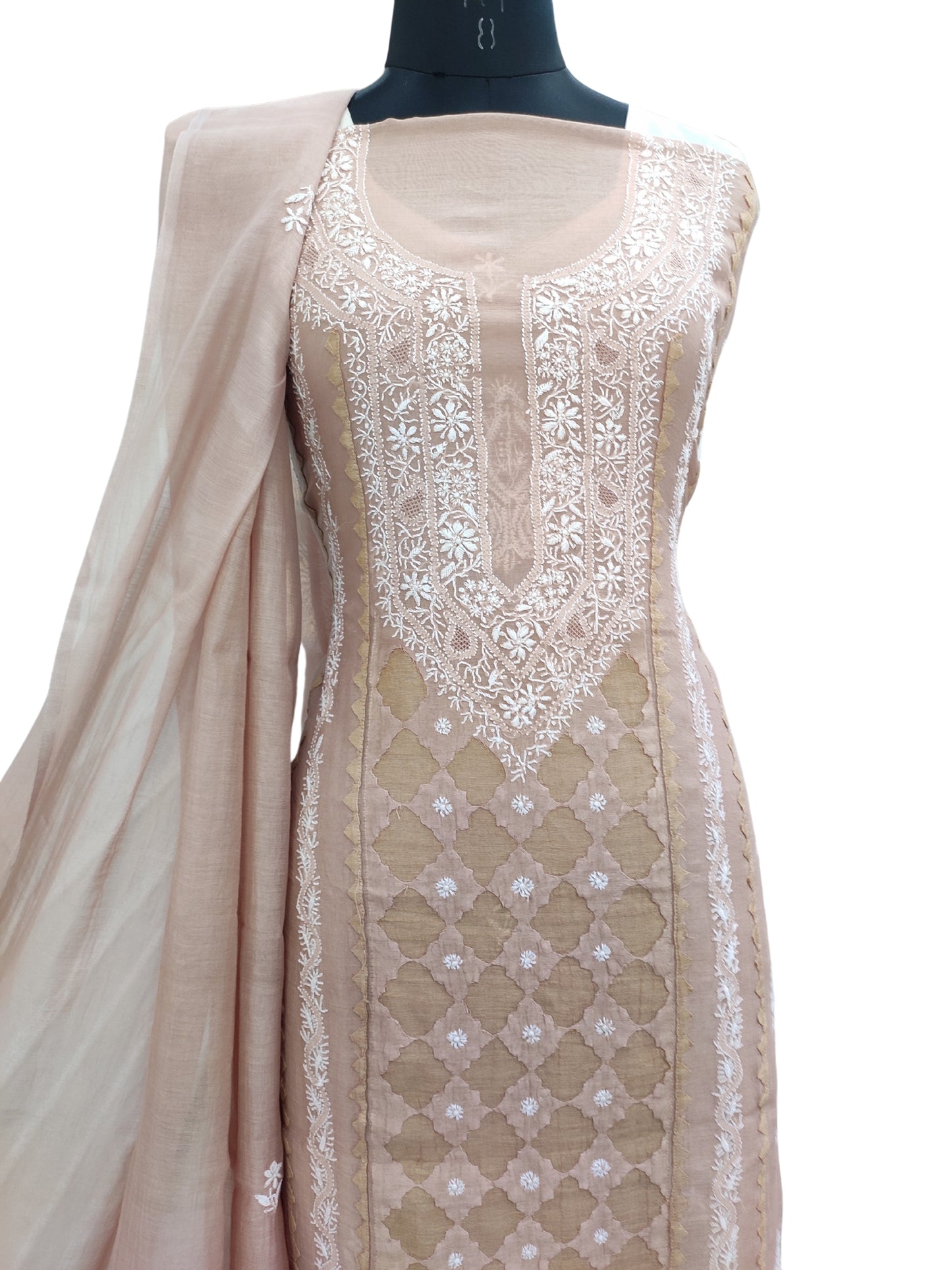 Shyamal Chikan Hand Embroidered Beige Mul Chanderi Lucknowi Chikankari Unstitched Suit Piece With Daraz Work (Kurta Dupatta Set) - S24345