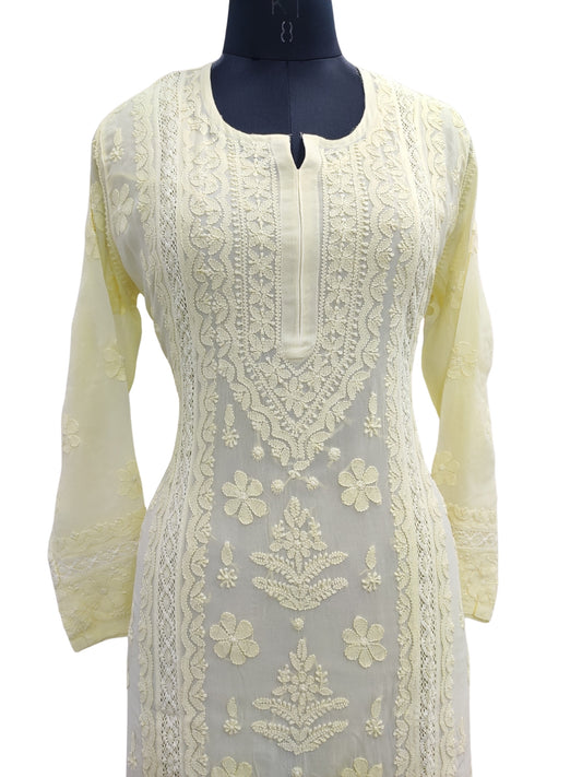 Shyamal Chikan Hand Embroidered Yellow Viscose Georgette Lucknowi Chikankari Kurti With Crosia Work - S23853