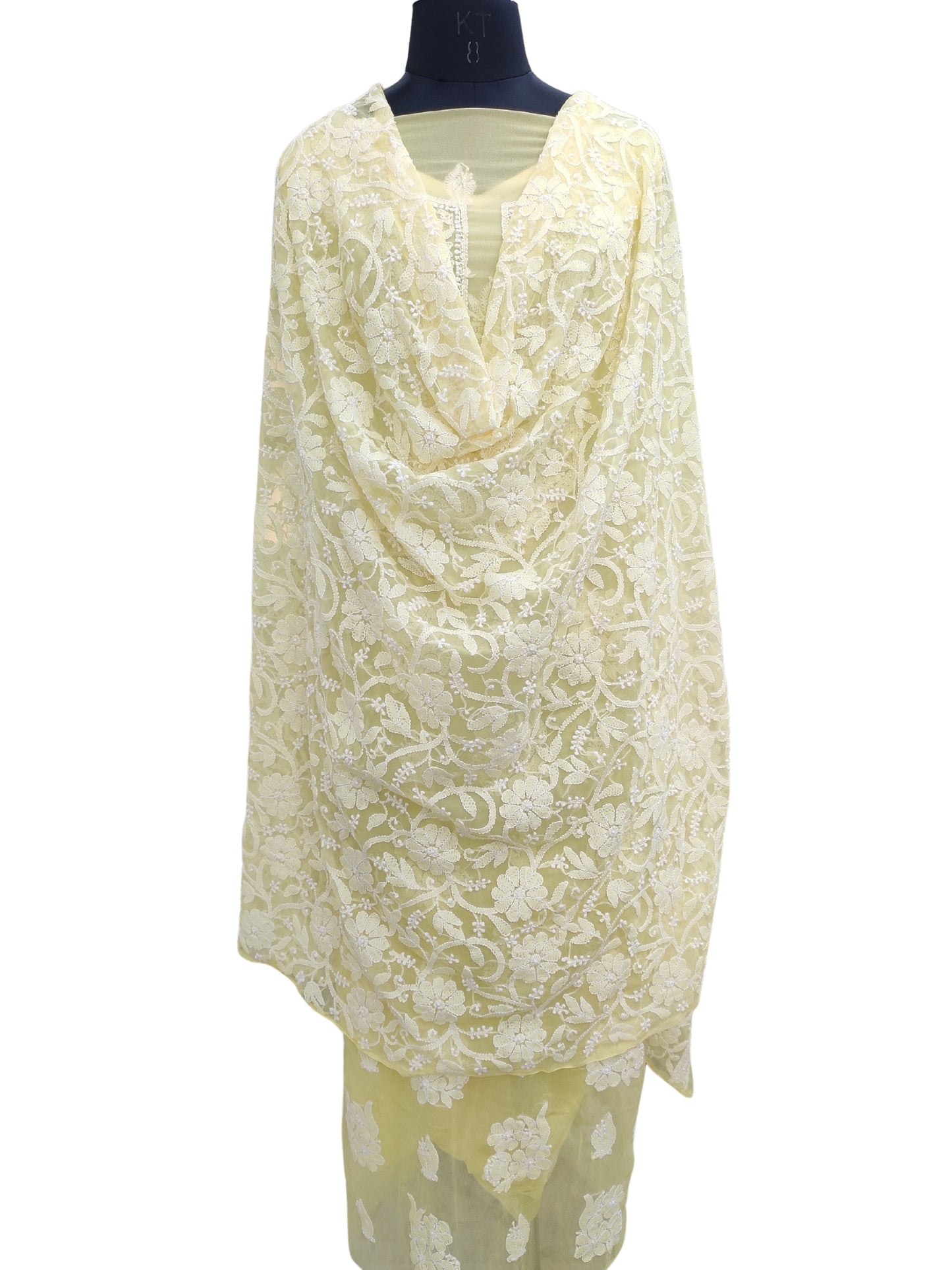 Shyamal Chikan Hand Embroidered Yellow Georgette Lucknowi Chikankari Unstitched Suit Piece With Heavy Dupatta - S24579