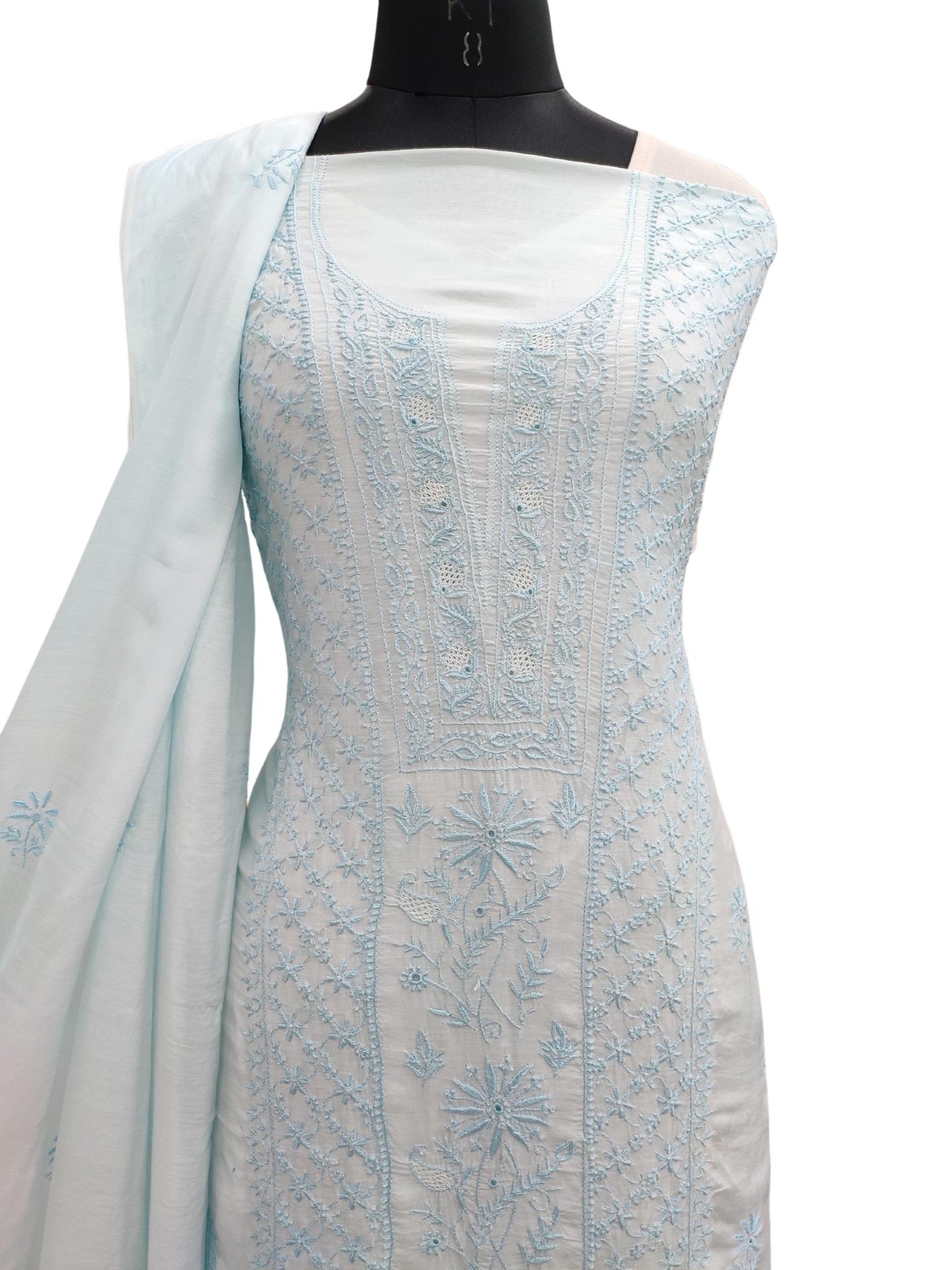 Shyamal Chikan Hand Embroidered Blue Muslin Lucknowi Chikankari Unstitched Suit Piece (Kurta Dupatta Set ) - S20891
