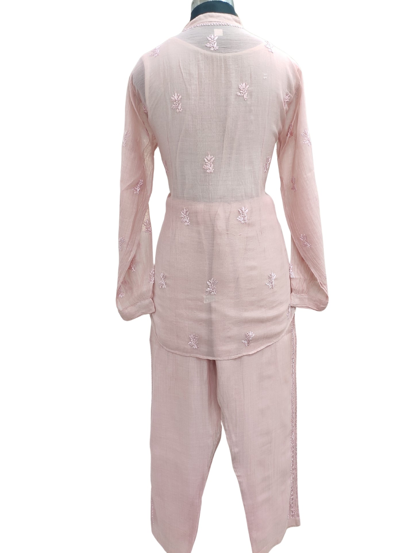 Shyamal Chikan Hand Embroidered Peach Mul Chanderi Lucknowi Chikankari Shirt and Pant Set - S24253