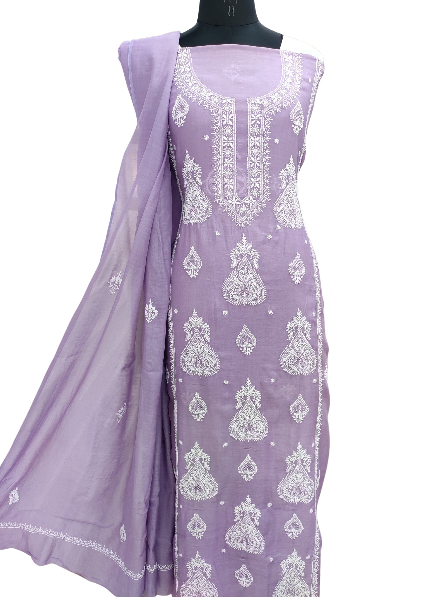 Shyamal Chikan Hand Embroidered Purple Mul Chanderi Lucknowi Chikankari Unstitched Suit Piece With Jaali Work (Kurta Dupatta Set) - S22874