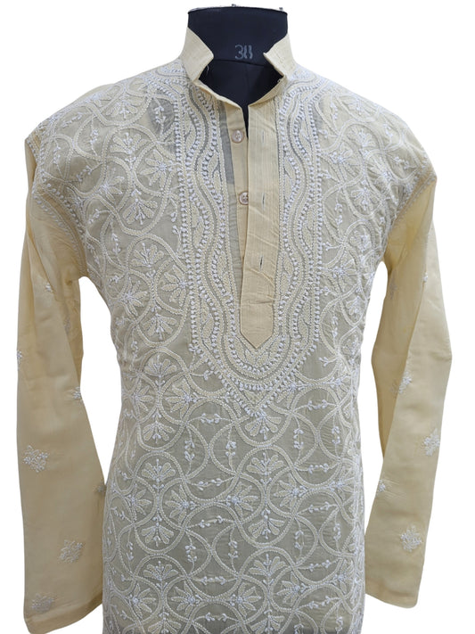 Shyamal Chikan Hand Embroidered Beige Cotton Lucknowi Chikankari Men's Kurta –S25007