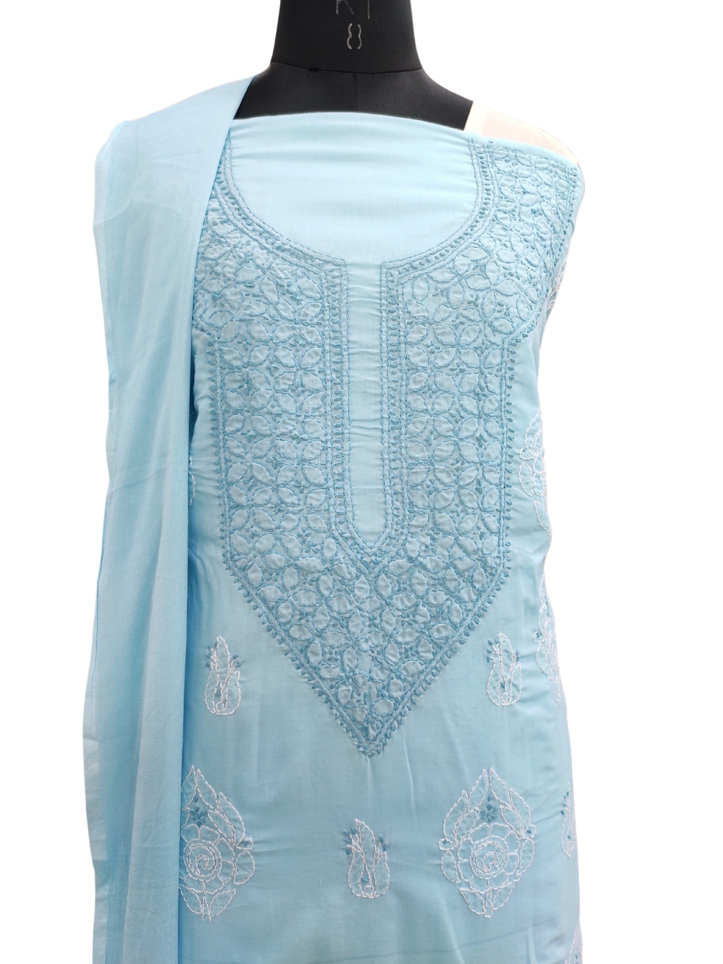 Shyamal Chikan Hand Embroidered Blue Cotton Lucknowi Chikankari Unstitched Suit Piece 24154