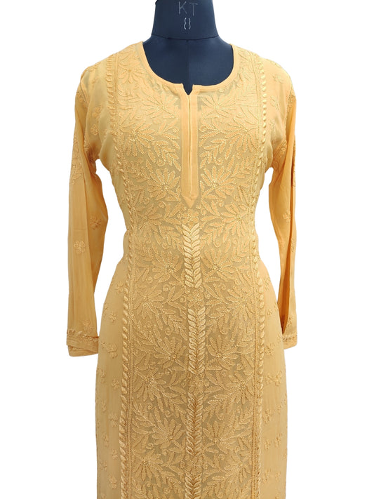 Shyamal Chikan Hand Embroidered Yellow Viscose Georgette Lucknowi Chikankari Kurta and Bottom Set - S23676