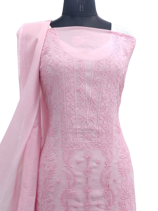 Shyamal Chikan Hand Embroidered Pink Mul Chanderi Lucknowi Chikankari Unstitched Suit Piece (Kurta Dupatta Set) - S23743