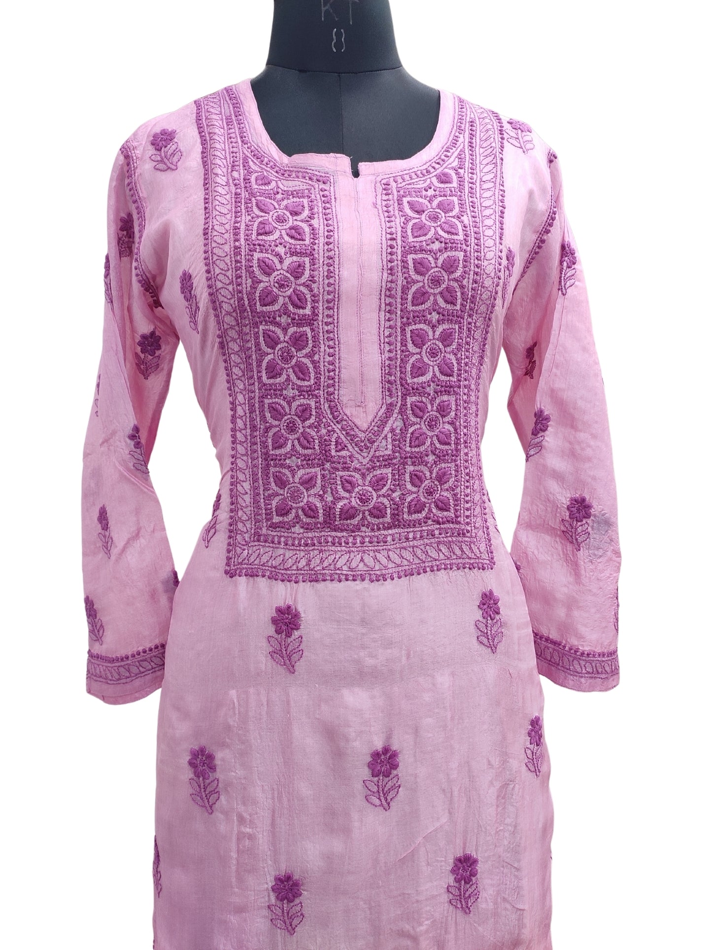 Shyamal Chikan Hand Embroidered Purple Pure Tusser Silk Lucknowi Chikankari Kurti- S24401