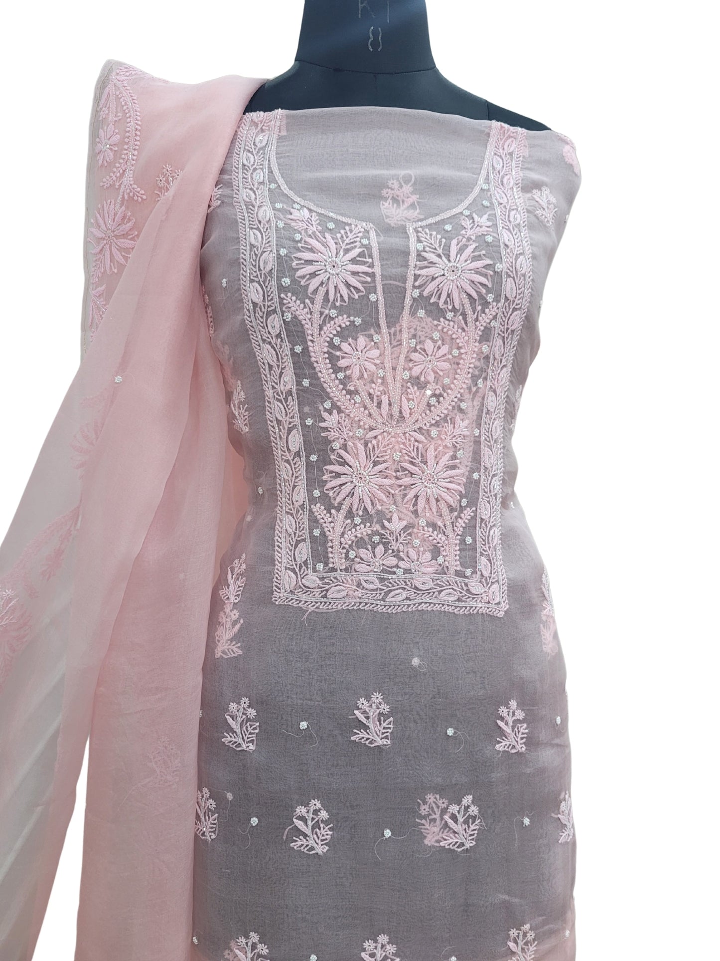 Shyamal Chikan Hand Embroidered Pink Organza Lucknowi Chikankari Unstitched Suit Piece (Kurta Dupatta Set) With Pearl and Cutdana Work - S21366