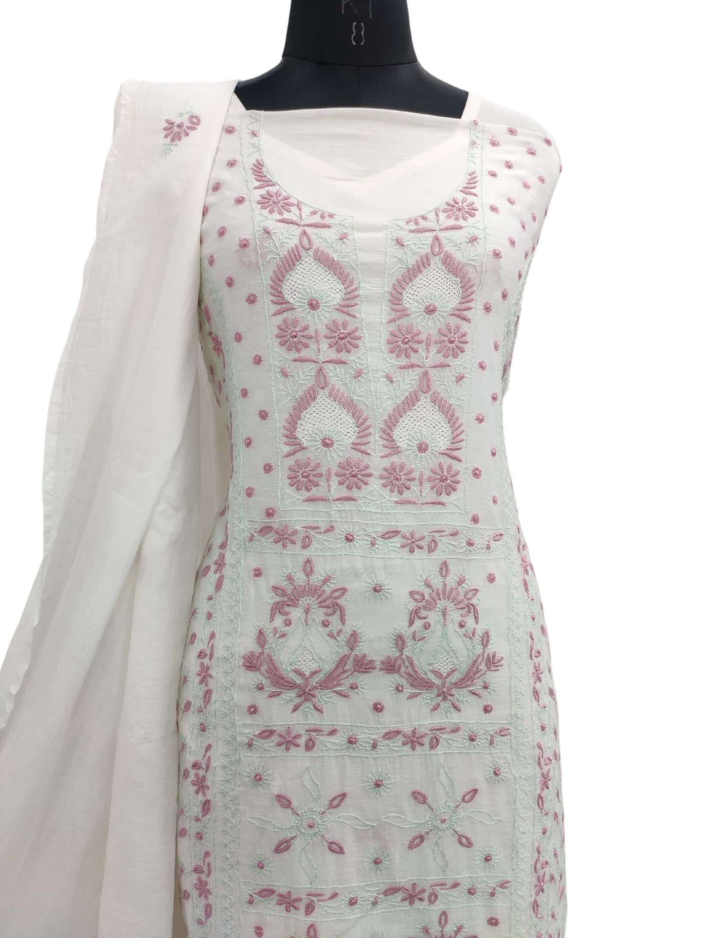 Shyamal Chikan Hand Embroidered White Mul Chanderi Lucknowi Chikankari Unstitched Suit Piece (Kurta Dupatta Set) - S24337