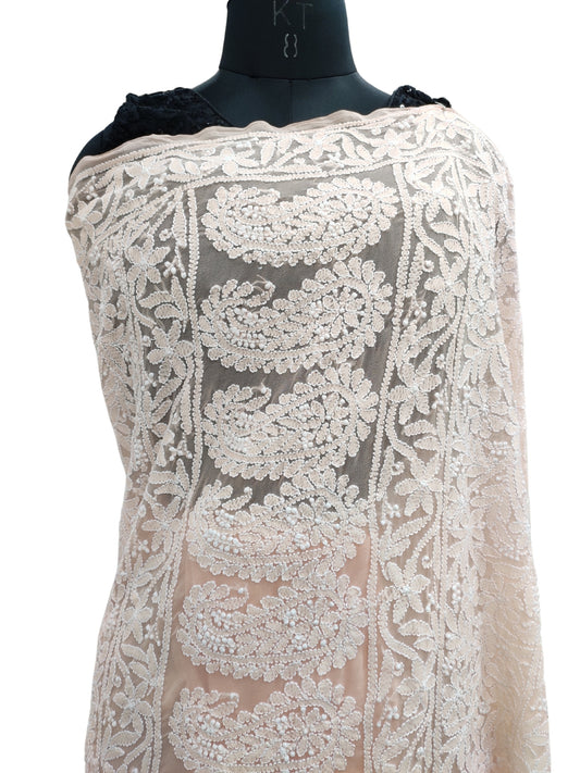 Shyamal Chikan Hand Embroidered Peach Georgette Lucknowi Chikankari Skirt Saree With Blouse Piece - S21931