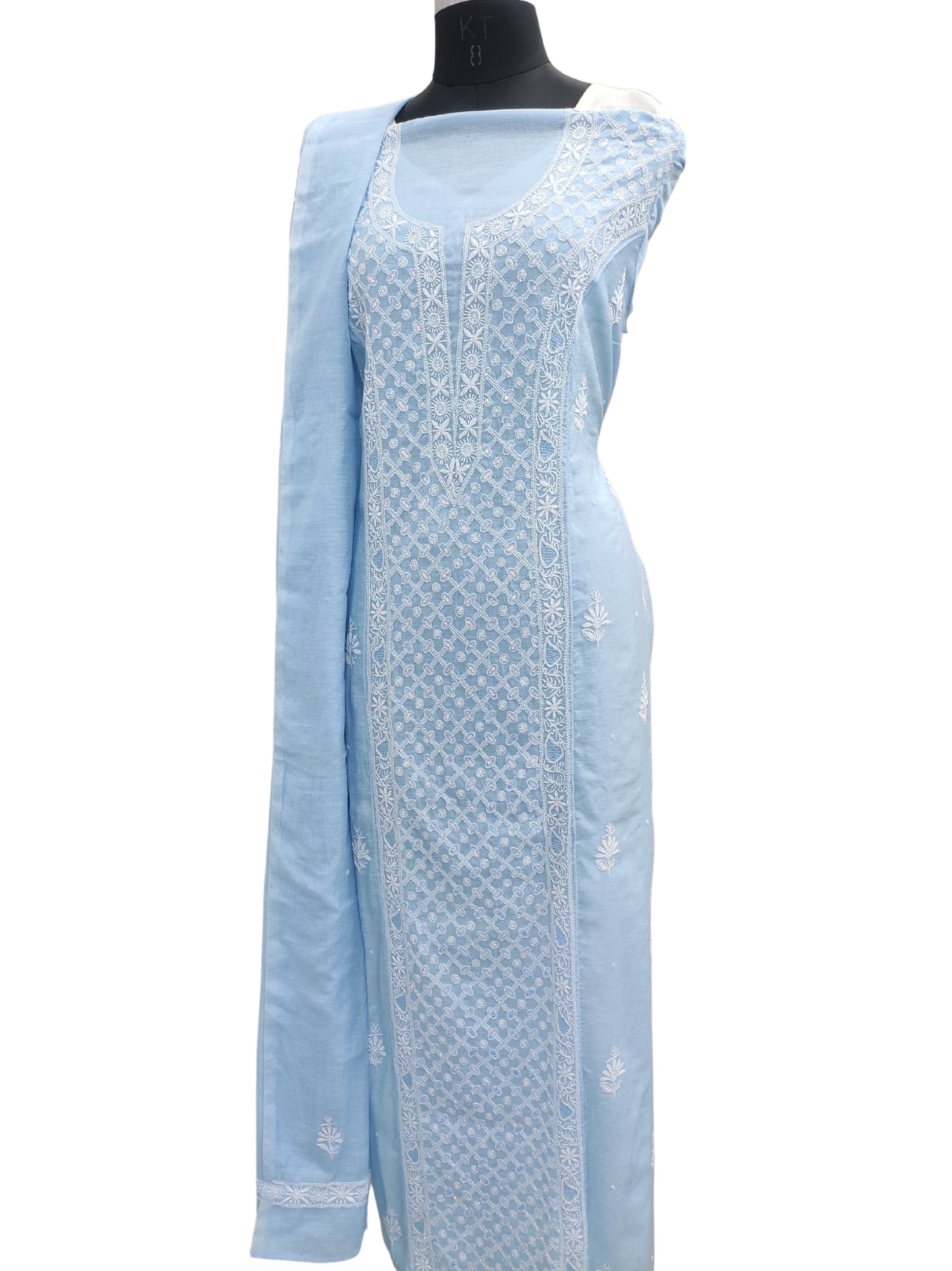 Shyamal Chikan Hand Embroidered Blue Lenin Lucknowi Chikankari semi stitched Suit Piece With Cutdana & Sequin Work (Kurta Dupatta Set) - S25116