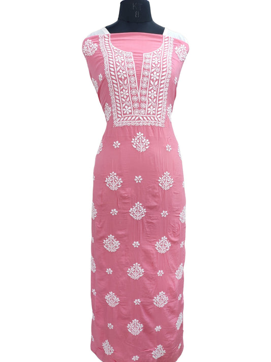 Shyamal Chikan Hand Embroidered Pink Modal Cotton Lucknowi Chikankari Unstitched Kurta Piece - S22345