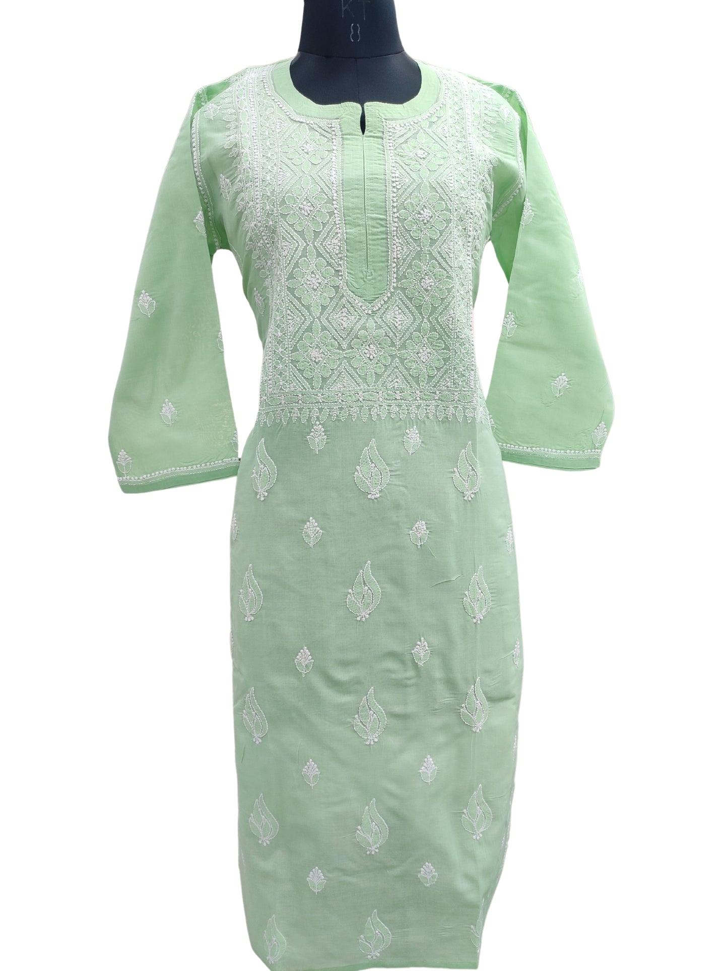 Shyamal Chikan Hand Embroidered Green Cotton Lucknowi Chikankari Kurti- 24080