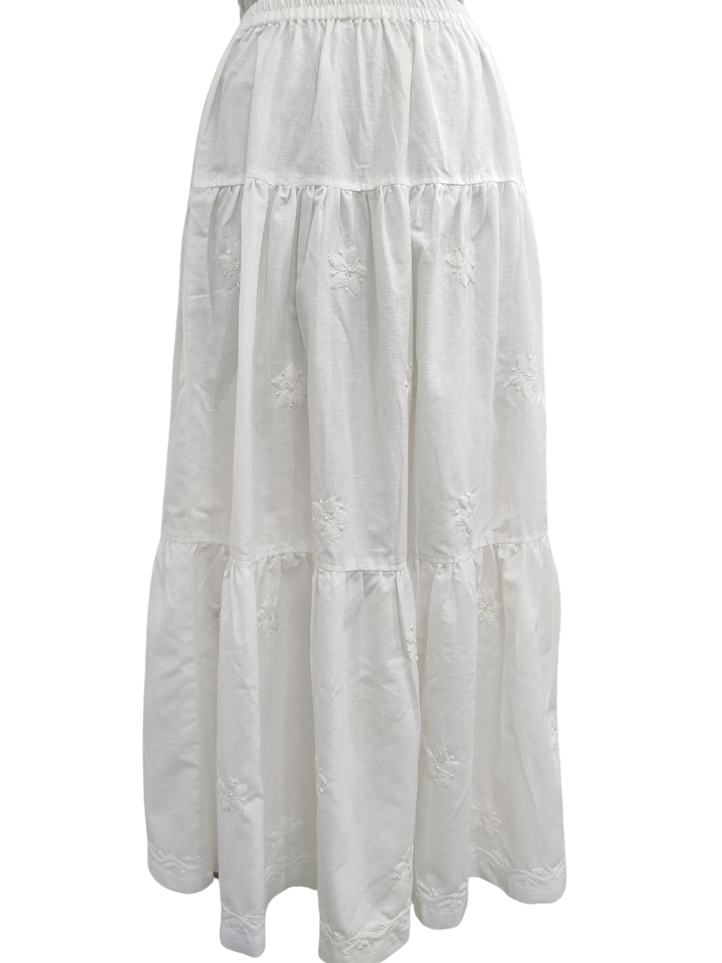 Shyamal Chikan Hand Embroidered White Lenin Cotton Lucknowi Chikankari Women's Skirt– 1159